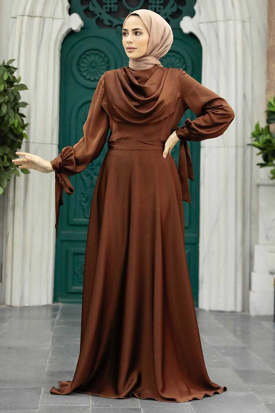 Neva Style - Satin Brown Islamic Long Sleeve Maxi Dress 38031KH
