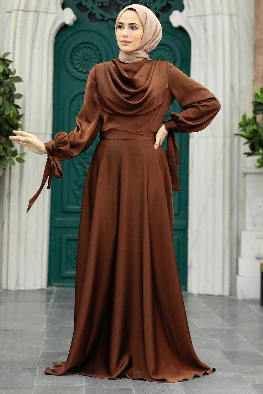Neva Style - Satin Brown Islamic Long Sleeve Maxi Dress 38031KH