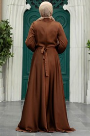 Neva Style - Satin Brown Islamic Long Sleeve Maxi Dress 38031KH - Thumbnail