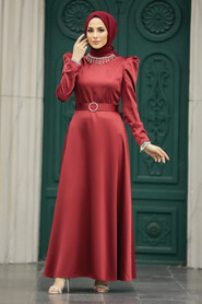 Neva Style - Satin Claret Red High Quality Dress 7725BR - Thumbnail