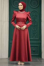 Neva Style - Satin Claret Red High Quality Dress 7725BR - Thumbnail