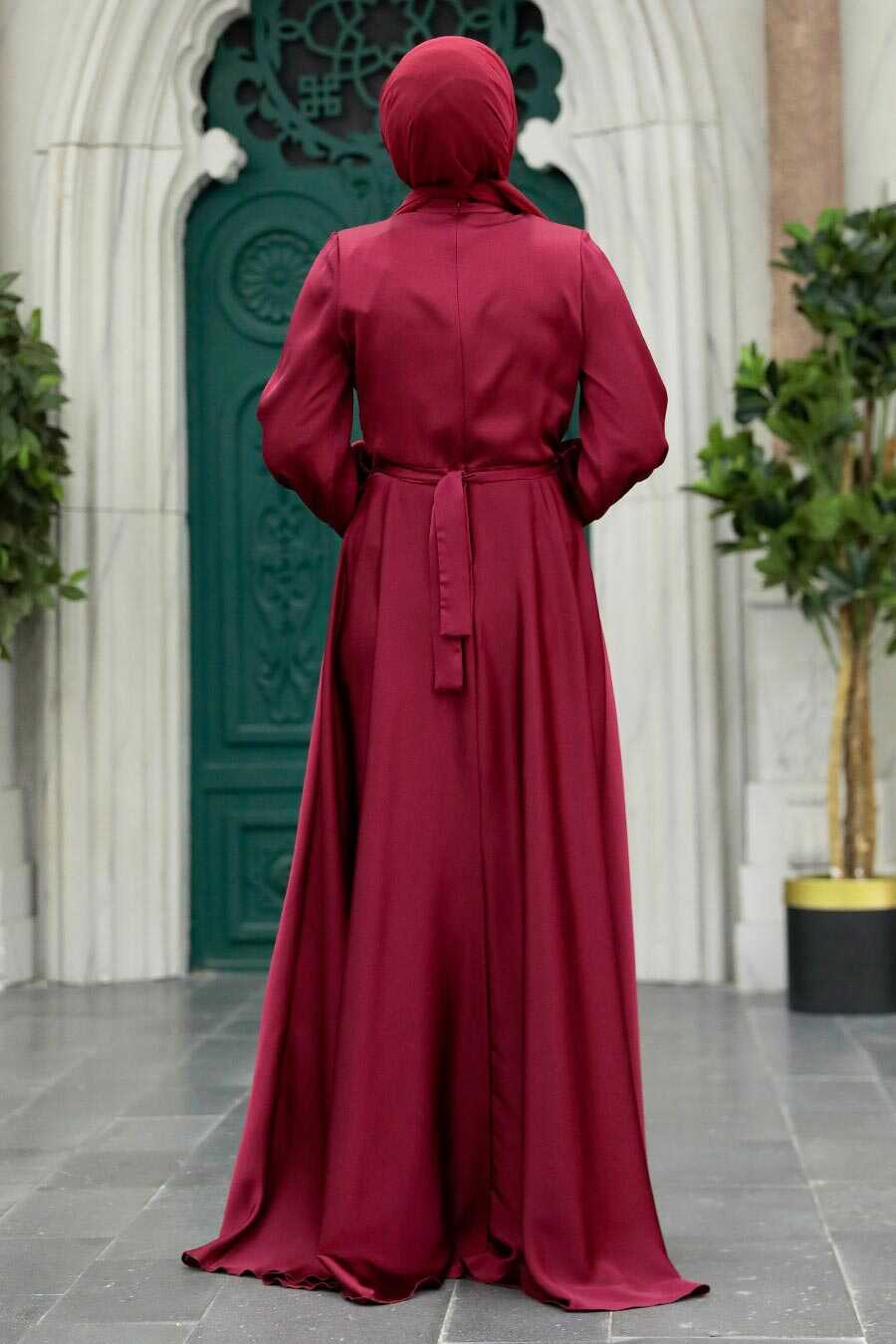 Neva Style - Satin Claret Red Islamic Long Sleeve Maxi Dress 38031BR