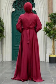 Neva Style - Satin Claret Red Islamic Long Sleeve Maxi Dress 38031BR - Thumbnail