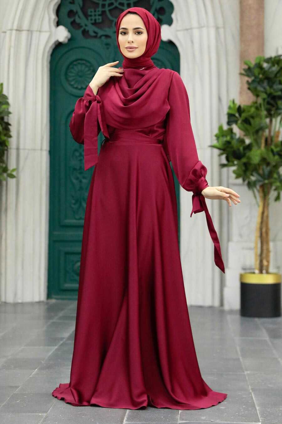 Neva Style - Satin Claret Red Islamic Long Sleeve Maxi Dress 38031BR