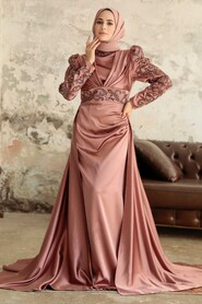 Neva Style - Satin Cooper Islamic Clothing Wedding Dress 2282BKR - Thumbnail