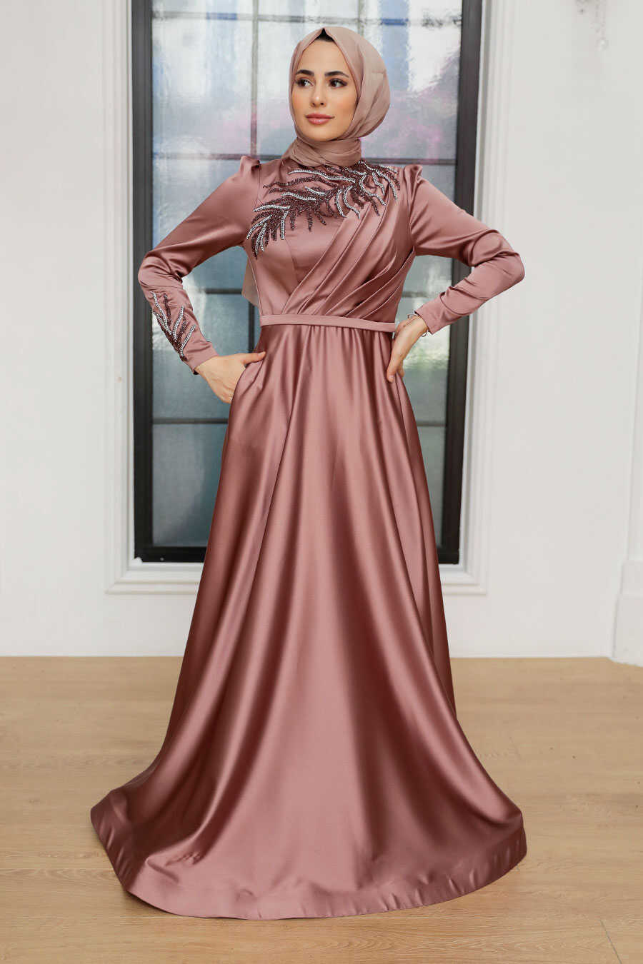 Neva Style - Satin Copper Hijab Wedding Gown 22401BKR