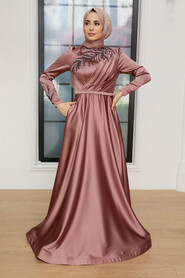 Neva Style - Satin Copper Hijab Wedding Gown 22401BKR - Thumbnail