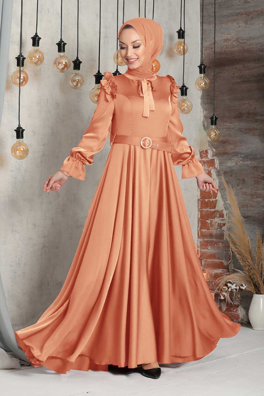 Neva Style - Satin Dark Salmon Pink Muslim Bridal Dress 27240KSMN