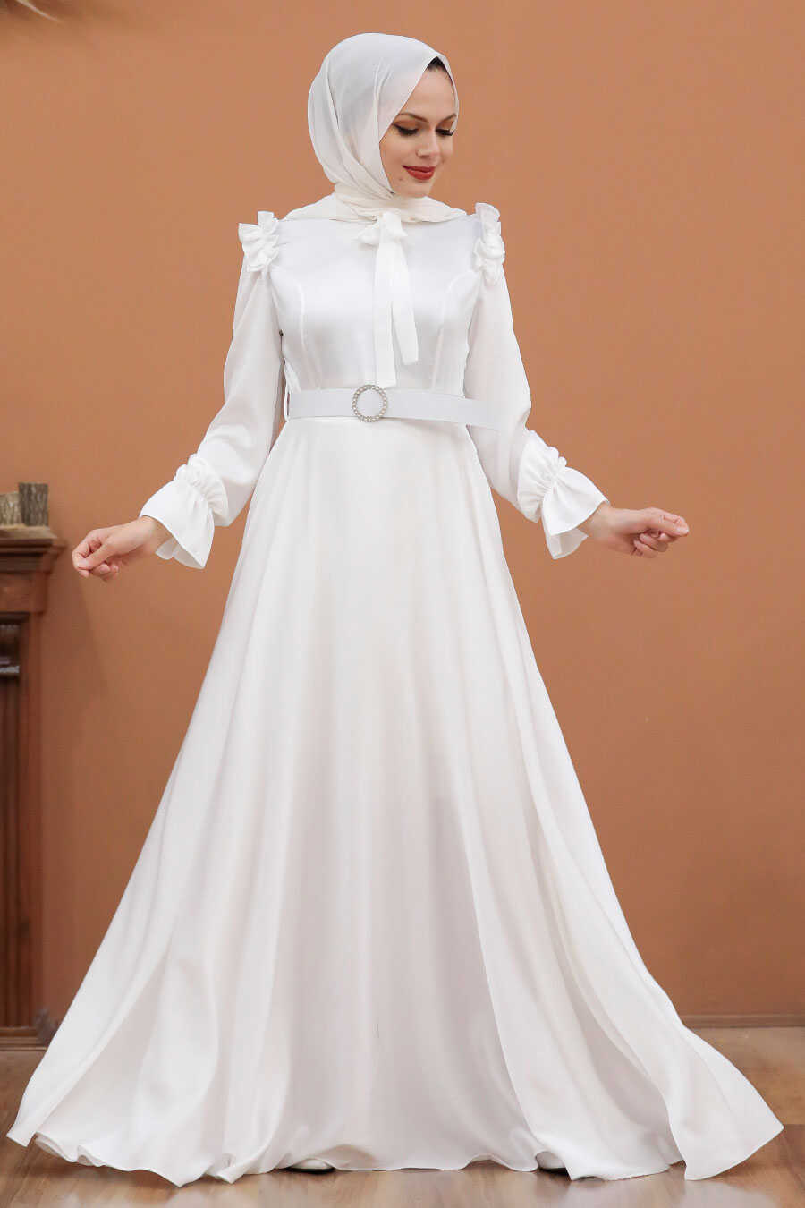 Neva Style -Satin Ecru Muslim Bridal Dress 27240E
