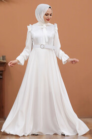 Neva Style -Satin Ecru Muslim Bridal Dress 27240E - Thumbnail