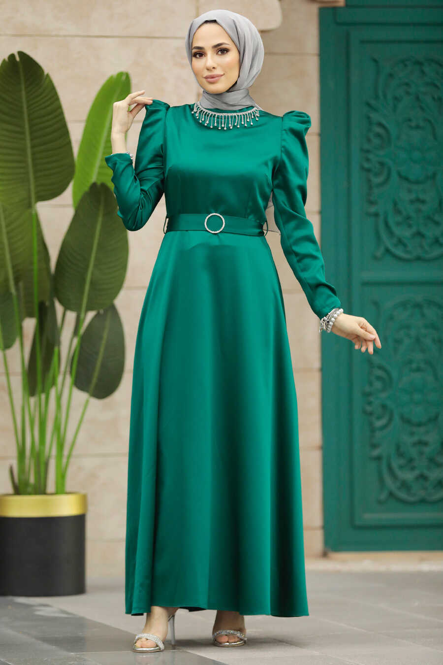 Neva Style - Satin Emerald Green High Quality Dress 7725ZY