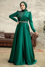 Neva Style - Satin Emerald Green Islamic Wedding Dress 3967ZY - Thumbnail