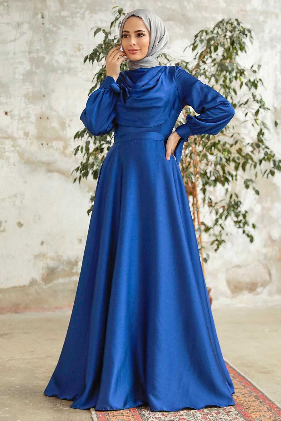 Neva Style - Satin Indigo Blue Islamic Long Sleeve Maxi Dress 38031IM
