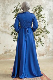 Neva Style - Satin Indigo Blue Islamic Long Sleeve Maxi Dress 38031IM - Thumbnail