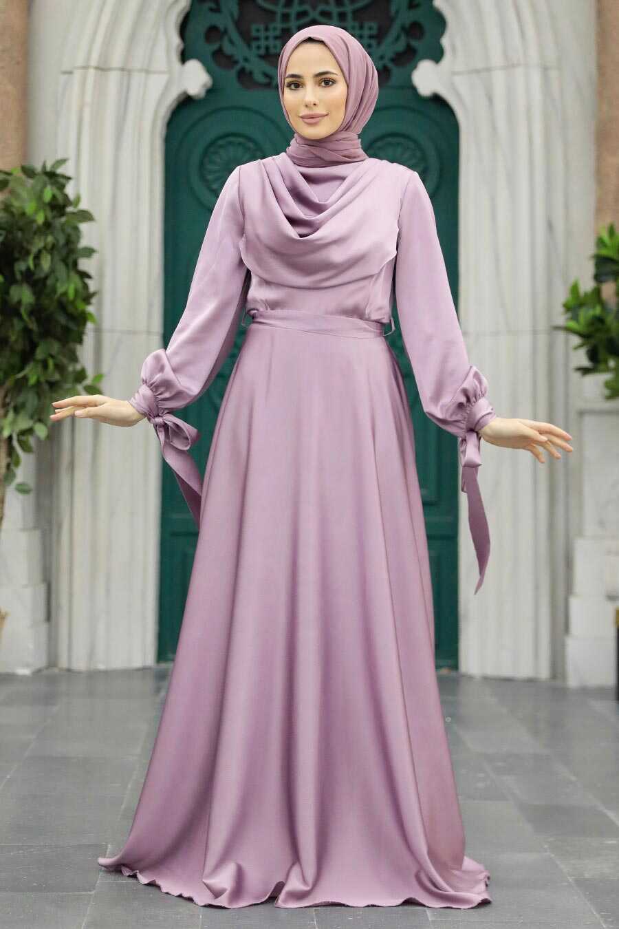 Neva Style - Satin Lila Islamic Long Sleeve Maxi Dress 38031LILA
