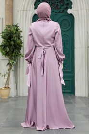 Neva Style - Satin Lila Islamic Long Sleeve Maxi Dress 38031LILA - Thumbnail