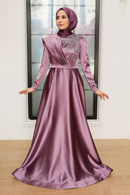Neva Style - Satin Lila Modest Islamic Clothing Evening Dress 22441LILA - Thumbnail