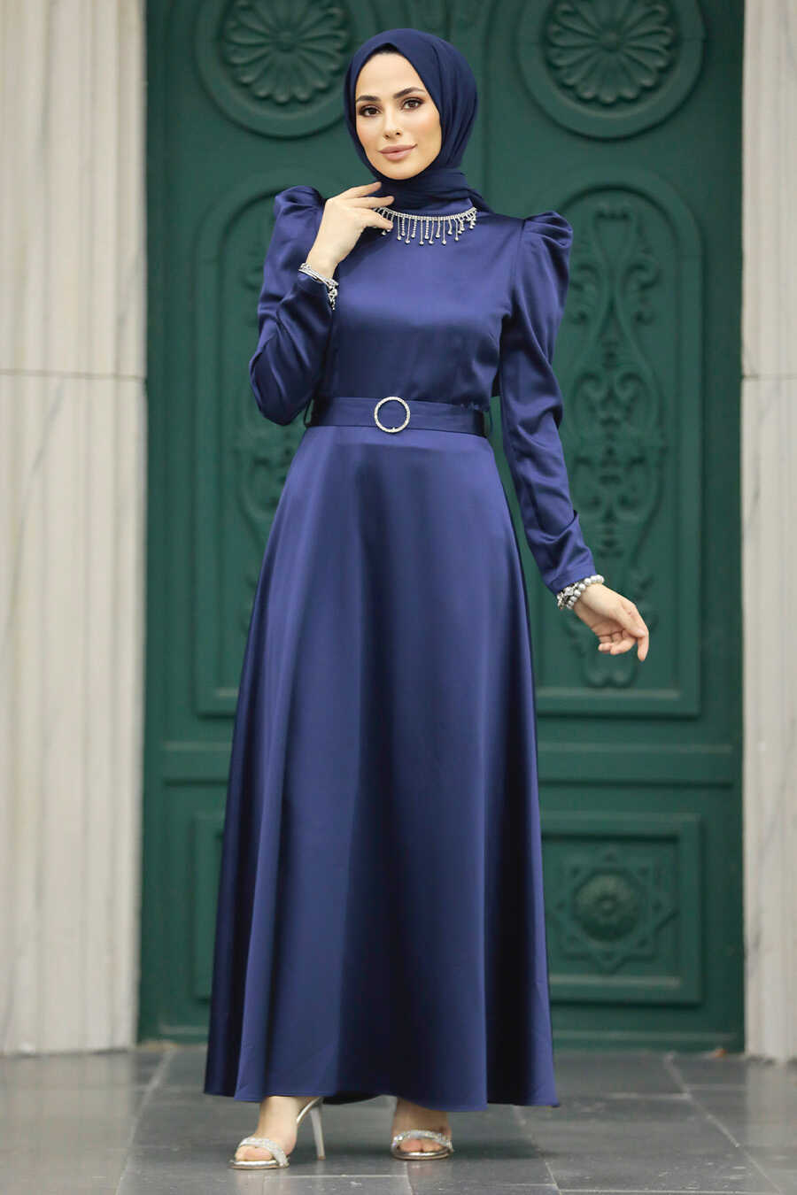 Neva Style - Satin Navy Blue High Quality Dress 7725L