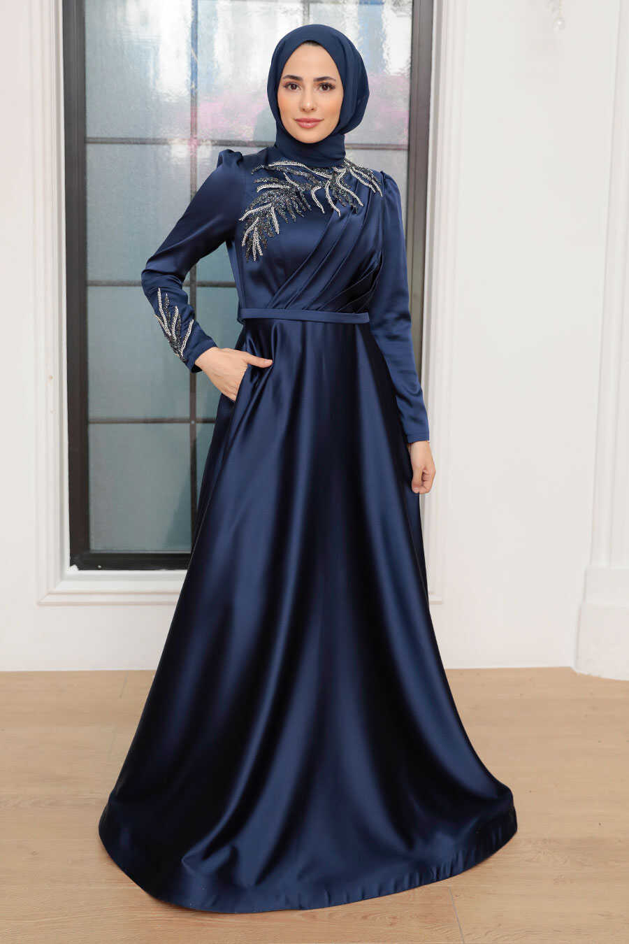 Neva Style - Satin Navy Blue Hijab Wedding Gown 22401L