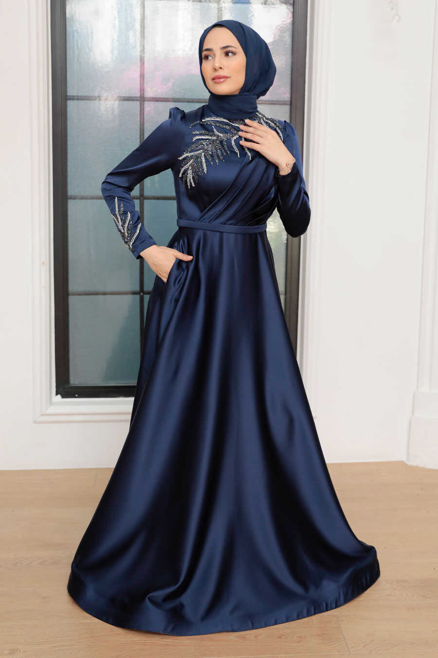 Neva Style - Satin Navy Blue Hijab Wedding Gown 22401L