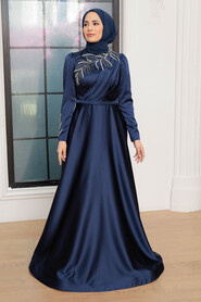 Neva Style - Satin Navy Blue Hijab Wedding Gown 22401L - Thumbnail