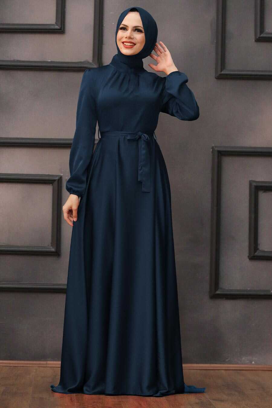 Neva Style - Satin Navy Blue Islamic Engagement Dress 25131L