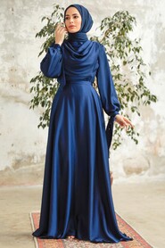 Neva Style - Satin Navy Blue Islamic Long Sleeve Maxi Dress 38031L - Thumbnail