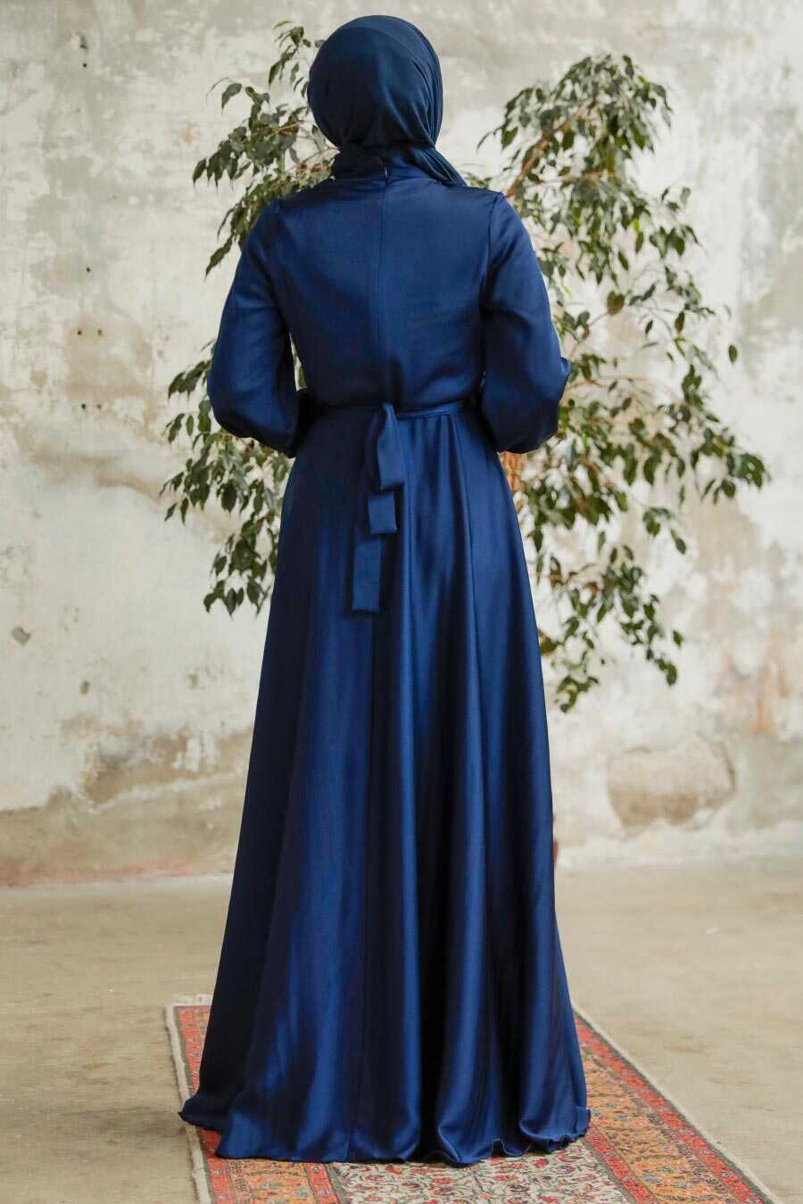 Neva Style - Satin Navy Blue Islamic Long Sleeve Maxi Dress 38031L