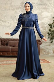 Neva Style - Satin Navy Blue Islamic Wedding Dress 3967L - Thumbnail