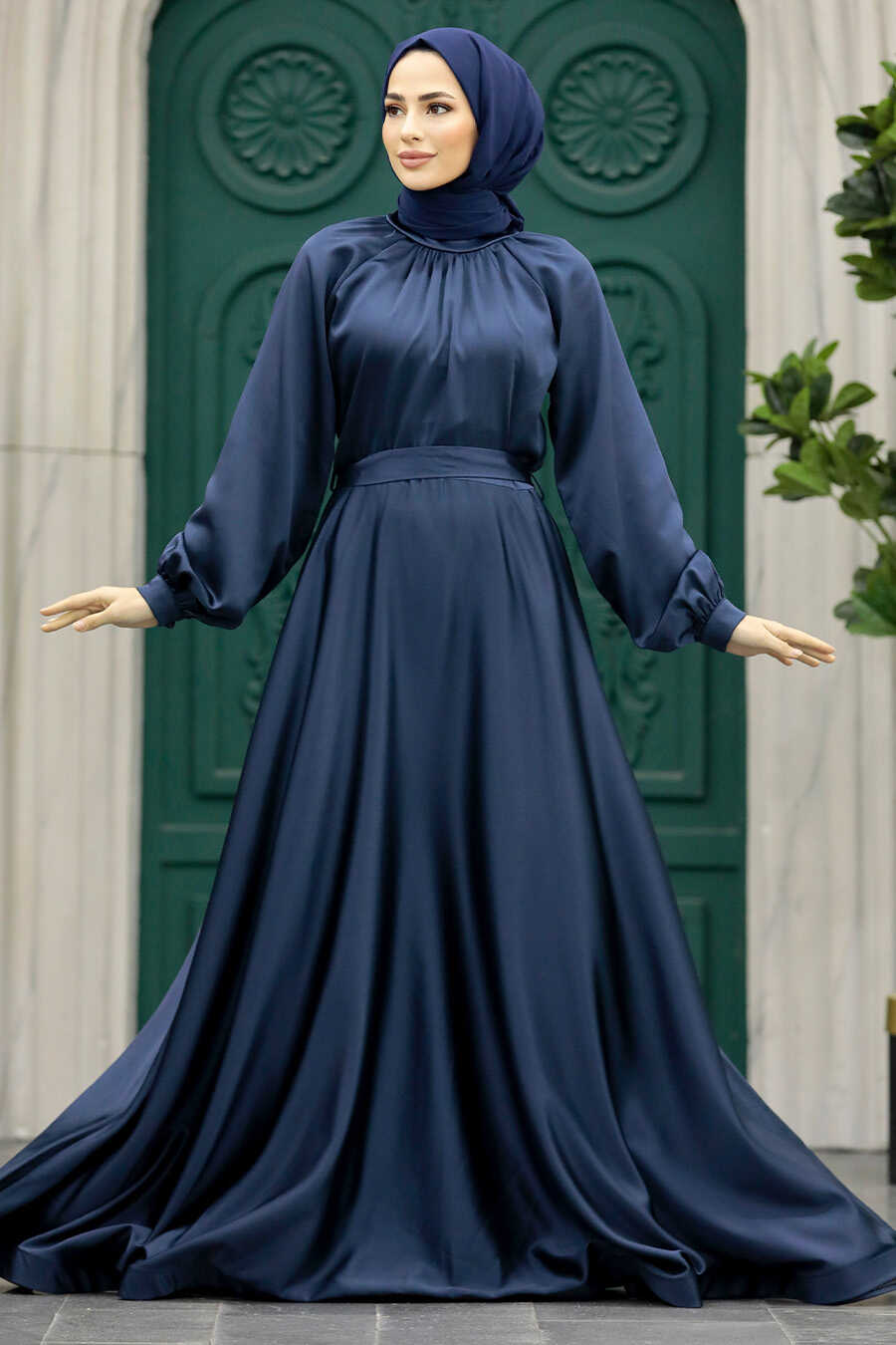 Neva Style - Satin Navy Blue Muslim Evening Gown 5758L