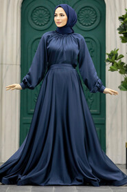 Neva Style - Satin Navy Blue Muslim Evening Gown 5758L - Thumbnail