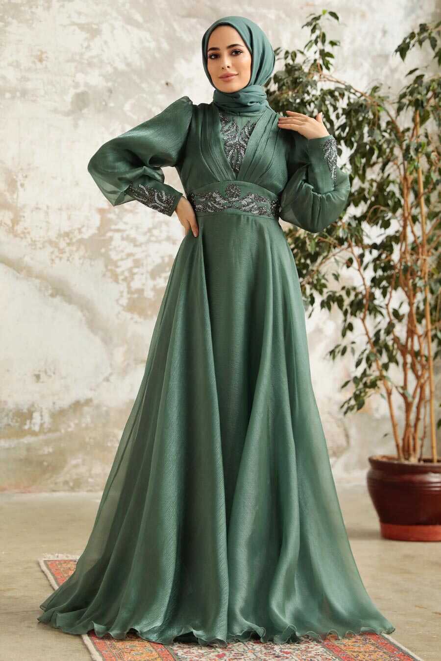 Neva Style - Stylish Almond Green Modest Islamic Clothing Prom Dress 3753CY