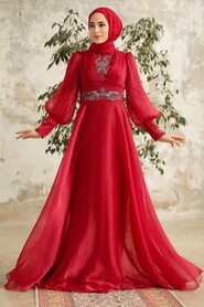 Neva Style - Stylish Claret Red Modest Islamic Clothing Prom Dress 3753BR - Thumbnail