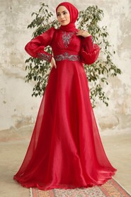 Neva Style - Stylish Claret Red Modest Islamic Clothing Prom Dress 3753BR - Thumbnail