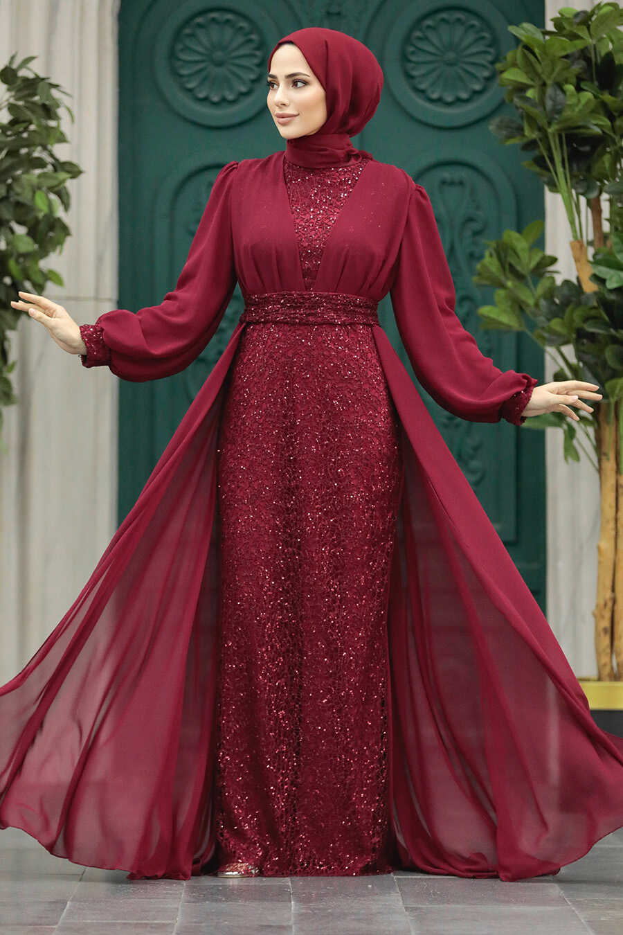 Neva Style - Stylish Claret Red Muslim Long Sleeve Dress 22072BR