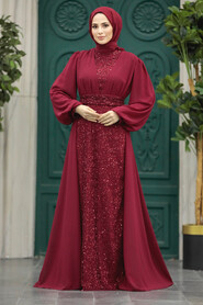 Neva Style - Stylish Claret Red Muslim Long Sleeve Dress 22072BR - Thumbnail