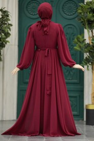 Neva Style - Stylish Claret Red Muslim Long Sleeve Dress 22072BR - Thumbnail