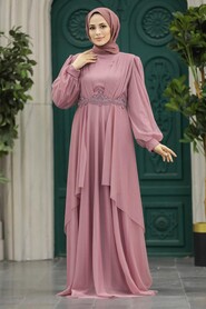 Neva Style - Stylish Dusty Rose Islamic Clothing Evening Dress 22123GK - Thumbnail
