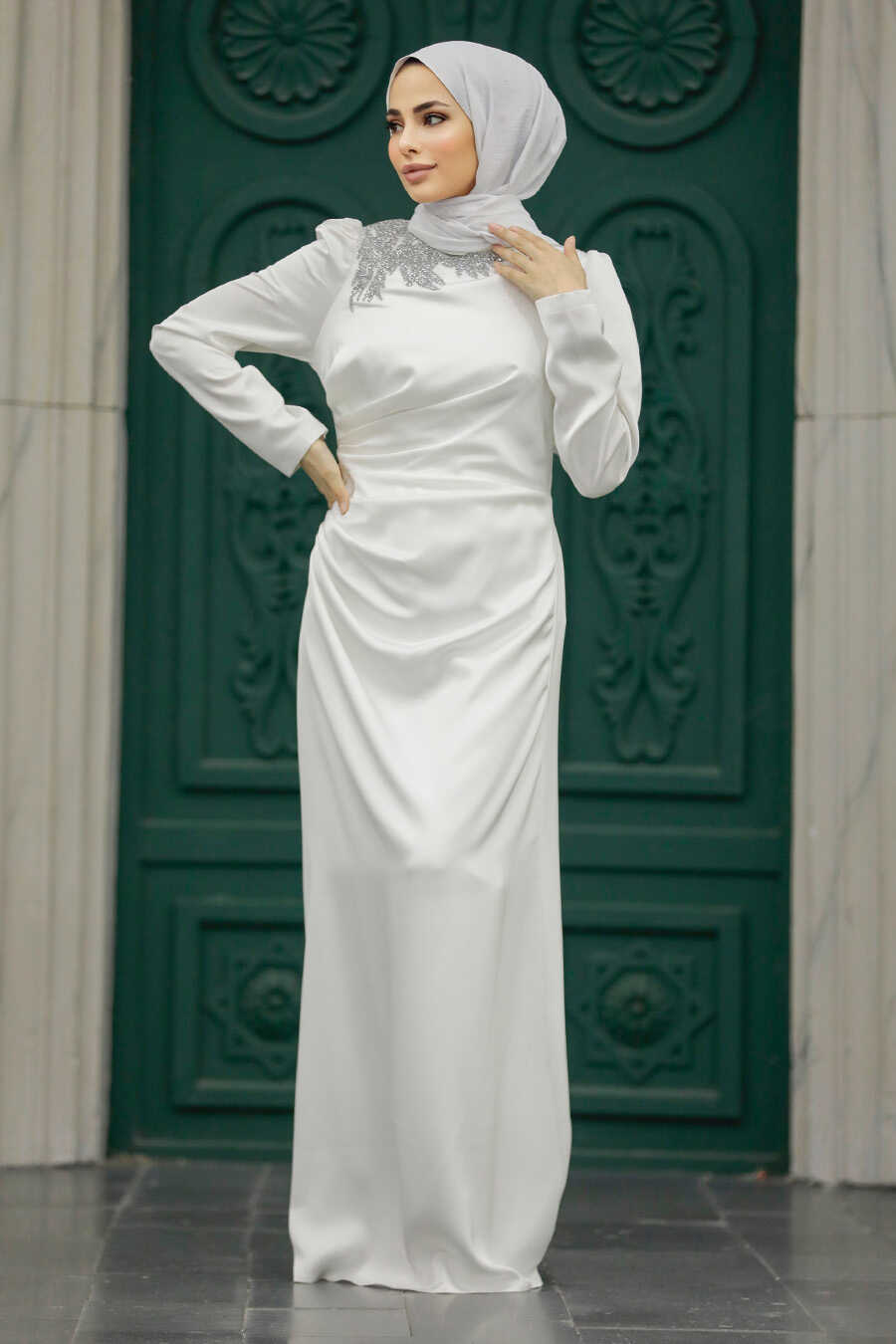Neva Style - Stylish Ecru Muslim Bridesmaid Dress 40773E