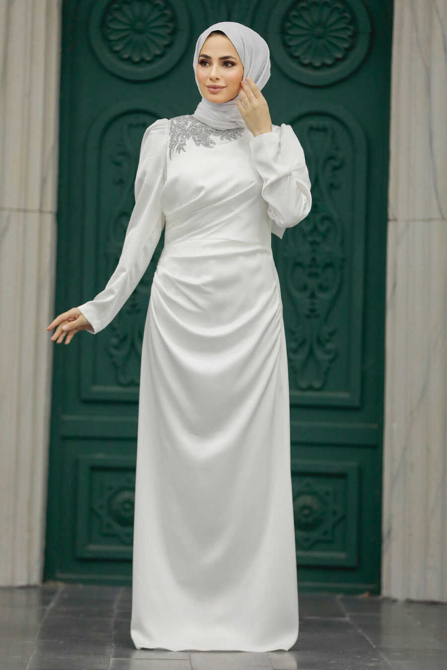 Neva Style - Stylish Ecru Muslim Bridesmaid Dress 40773E