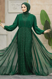 Neva Style - Stylish Emerald Green Muslim Long Sleeve Dress 22072ZY - Thumbnail