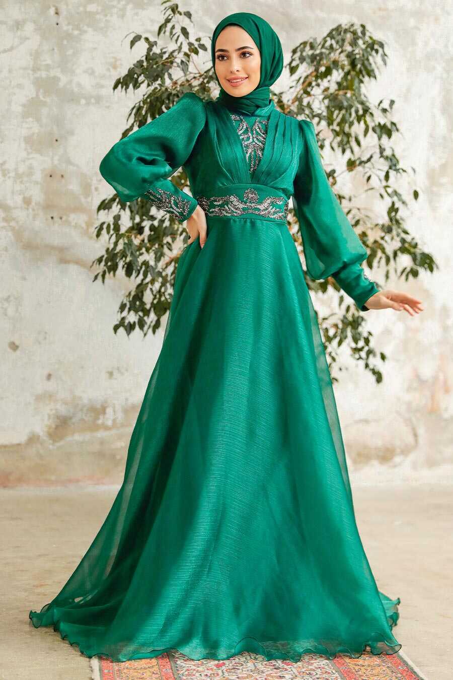 Neva Style - Stylish Green Modest Islamic Clothing Prom Dress 3753Y