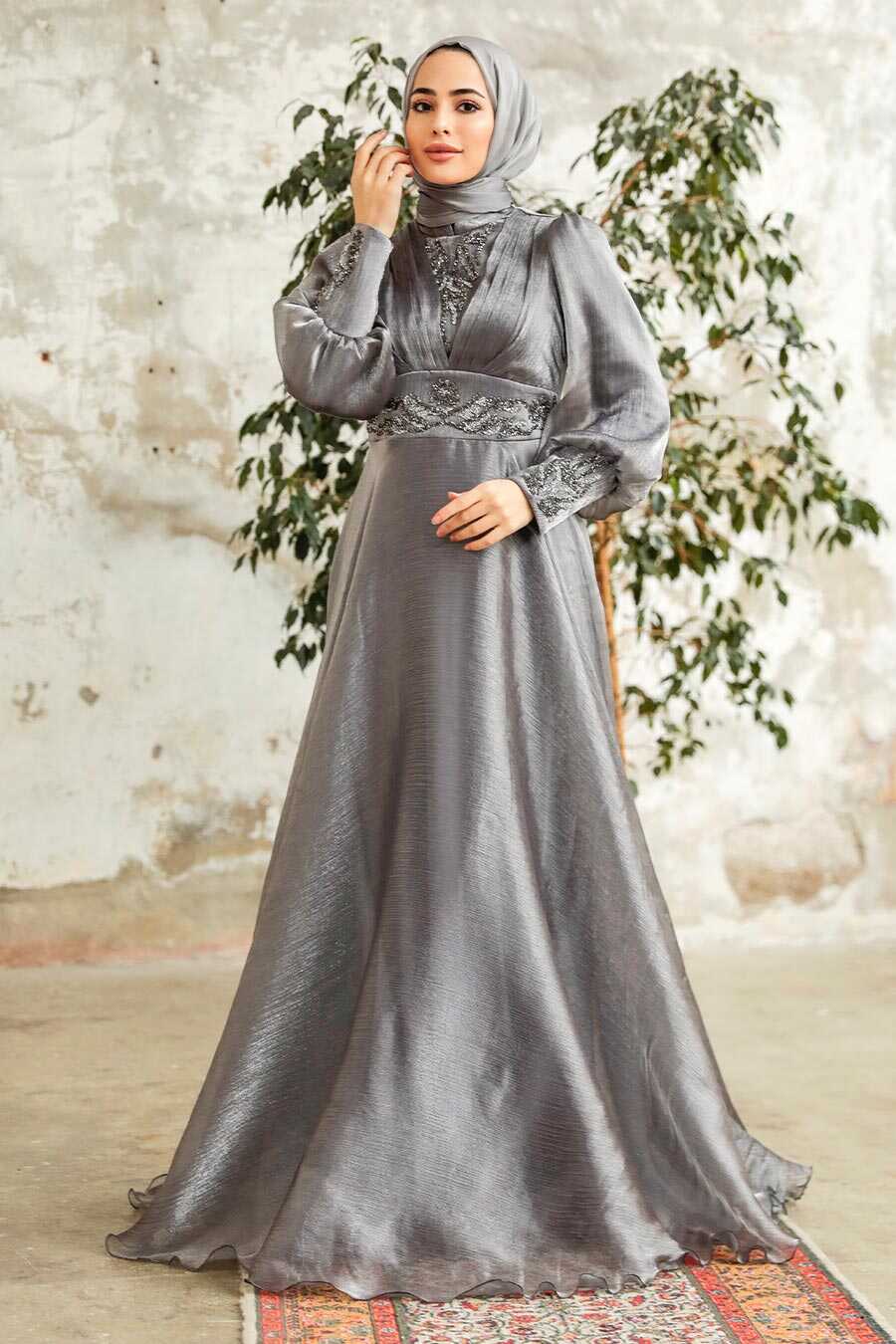 Neva Style - Stylish Grey Modest Islamic Clothing Prom Dress 3753GR