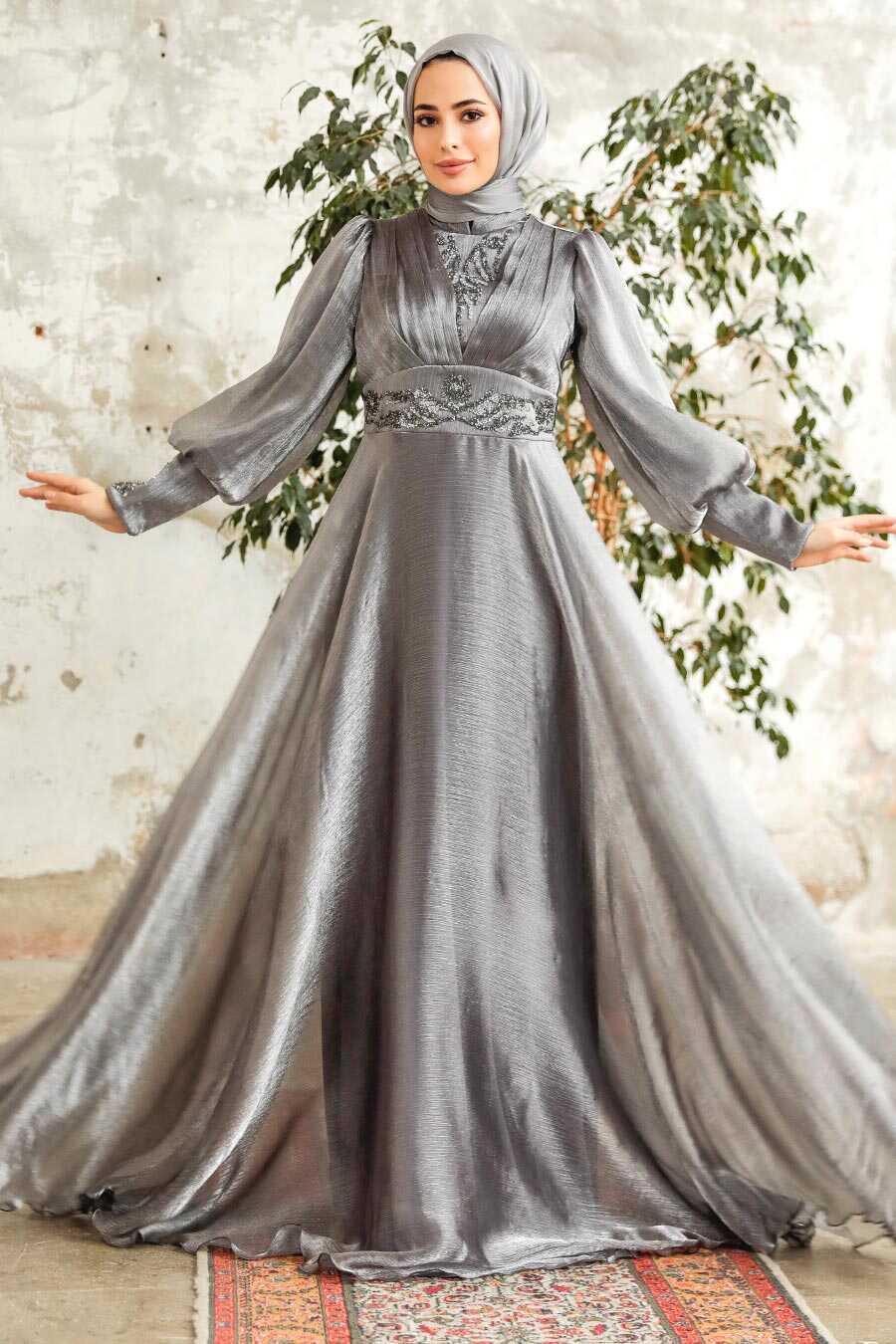 Neva Style - Stylish Grey Modest Islamic Clothing Prom Dress 3753GR