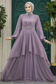 Neva Style - Stylish Lila Islamic Clothing Evening Dress 22123LILA - Thumbnail