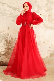 Neva Style - Stylish Red Muslim Bridal Dress 22571K - Thumbnail