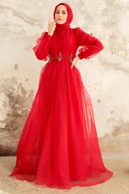 Neva Style - Stylish Red Muslim Bridal Dress 22571K - Thumbnail