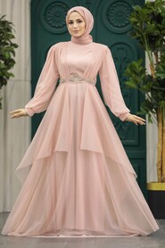 Neva Style - Stylish Salmon Pink Islamic Clothing Evening Dress 22123SMN - Thumbnail