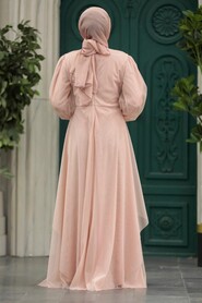 Neva Style - Stylish Salmon Pink Islamic Clothing Evening Dress 22123SMN - Thumbnail