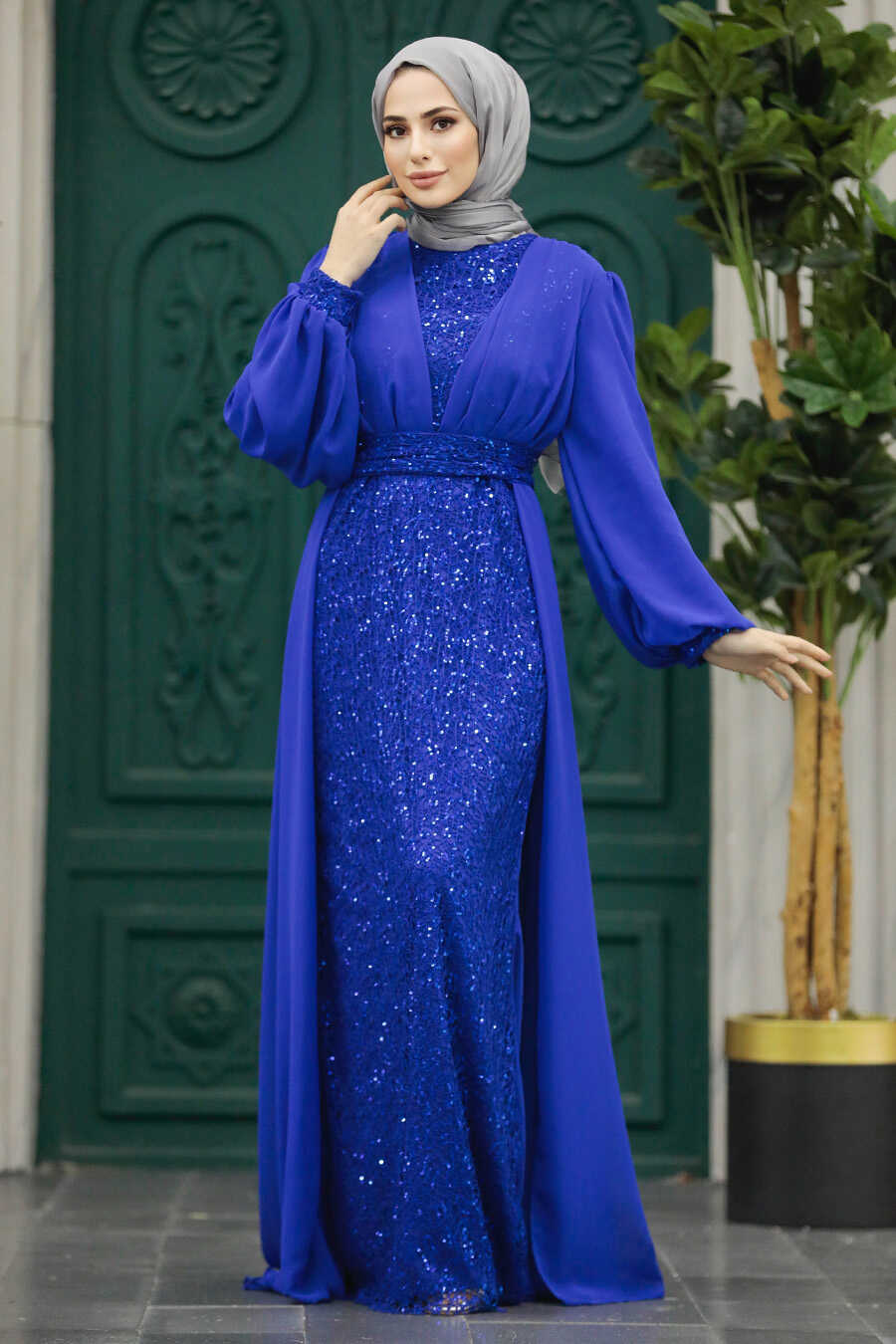 Neva Style - Stylish Sax Blue Muslim Long Sleeve Dress 22072SX